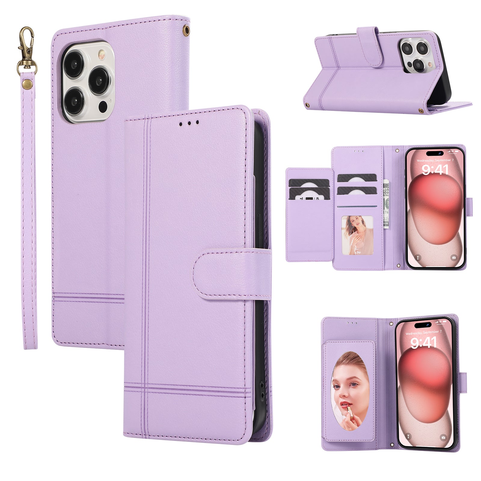 For iPhone 15 Pro Cell Phone Case Lines Imprinted PU Leather Cover with Mirror - Brown For iPhone 15 Pro Cell Phone Case Lines Imprinted PU Leather Cover with Mirror - Brown